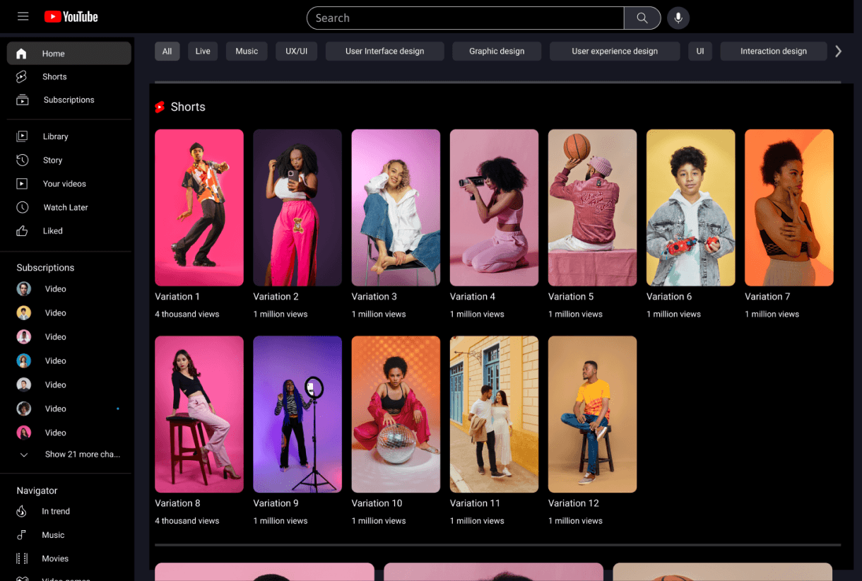 YouTube interface showing multiple content variations